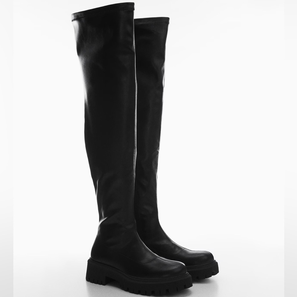 MANGO Vegan Leather Black High-Leg Boots